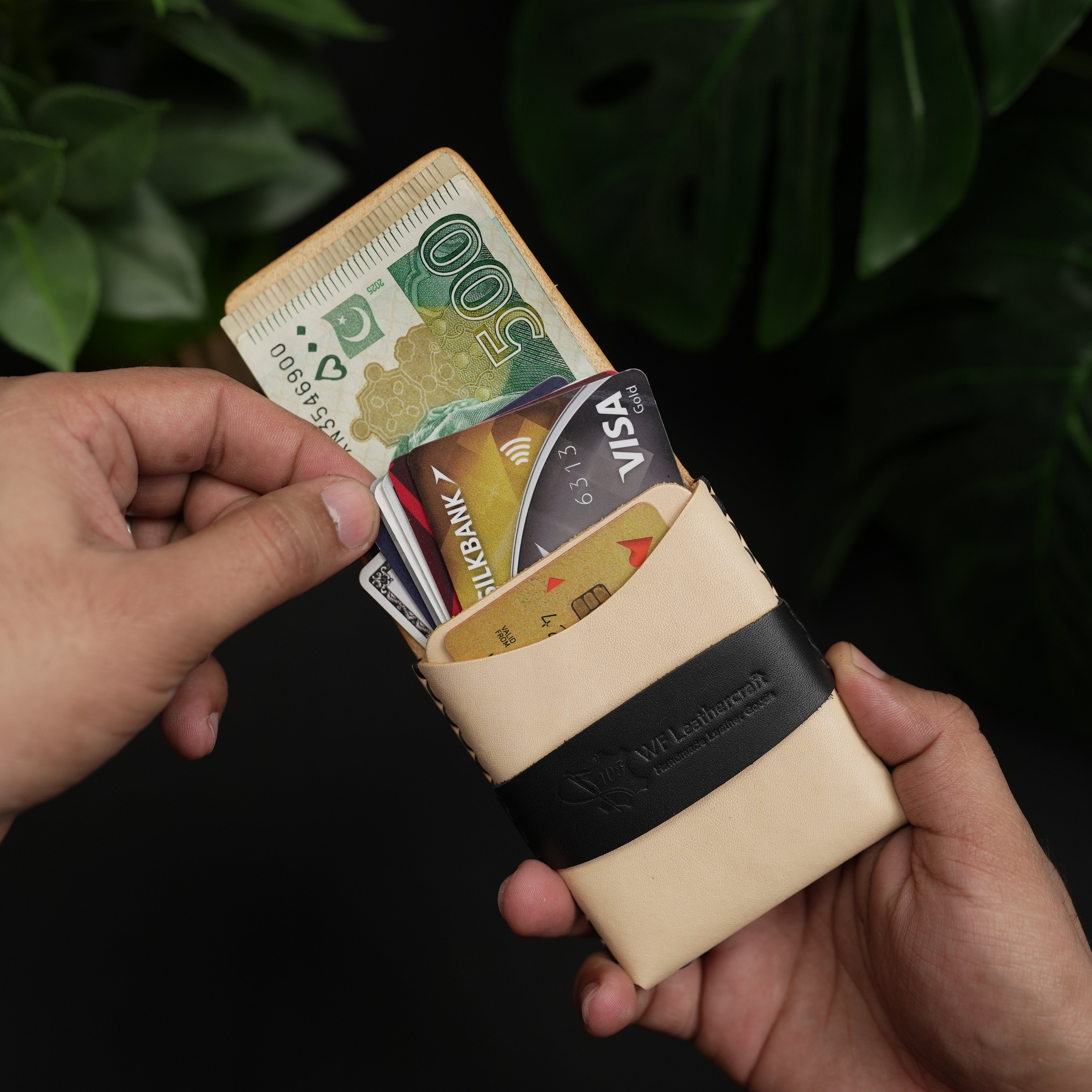 No. 101 All in one Card wallet natural vegtan leather & black combination