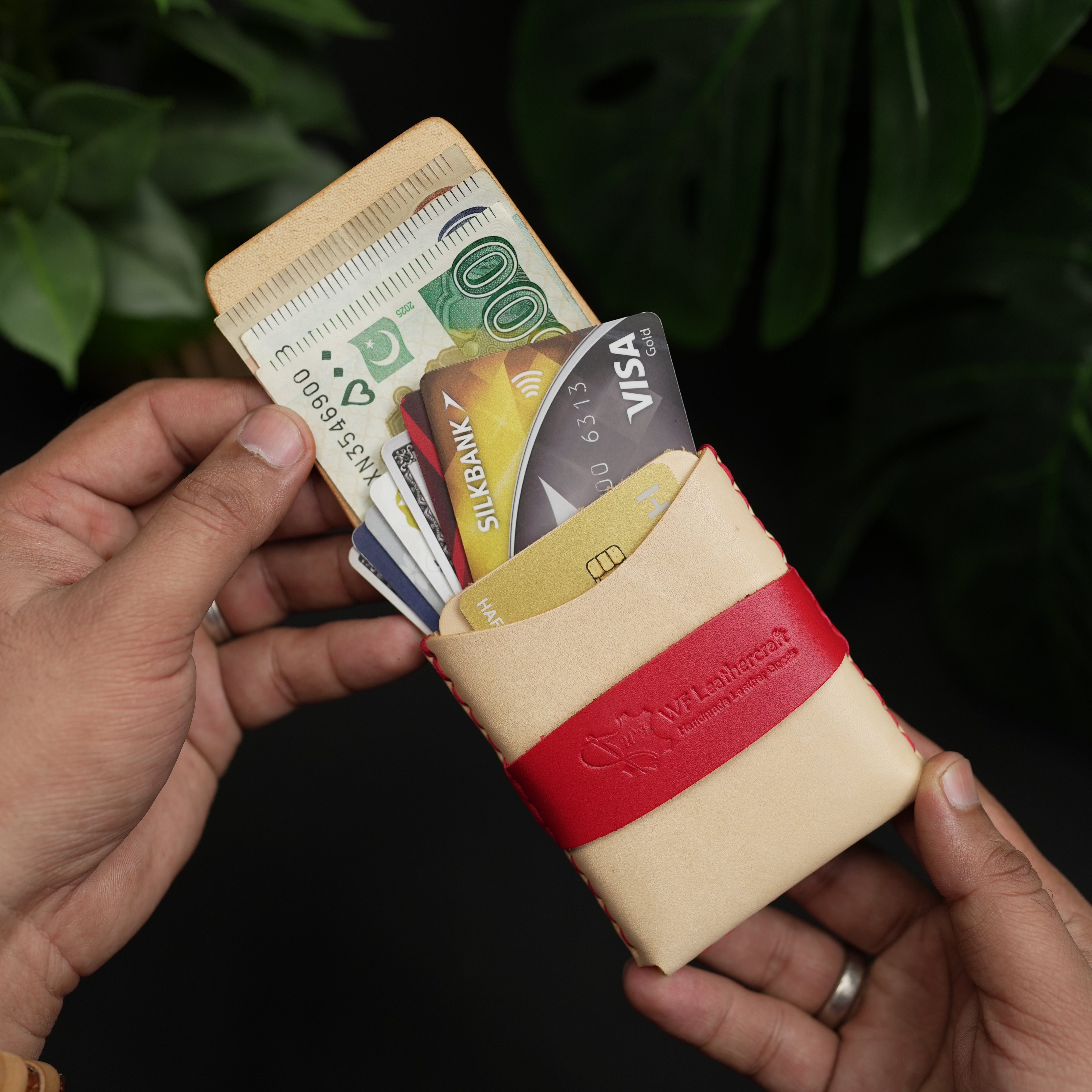 No. 101 All in one Card wallet natural vegtan leather & Red combination