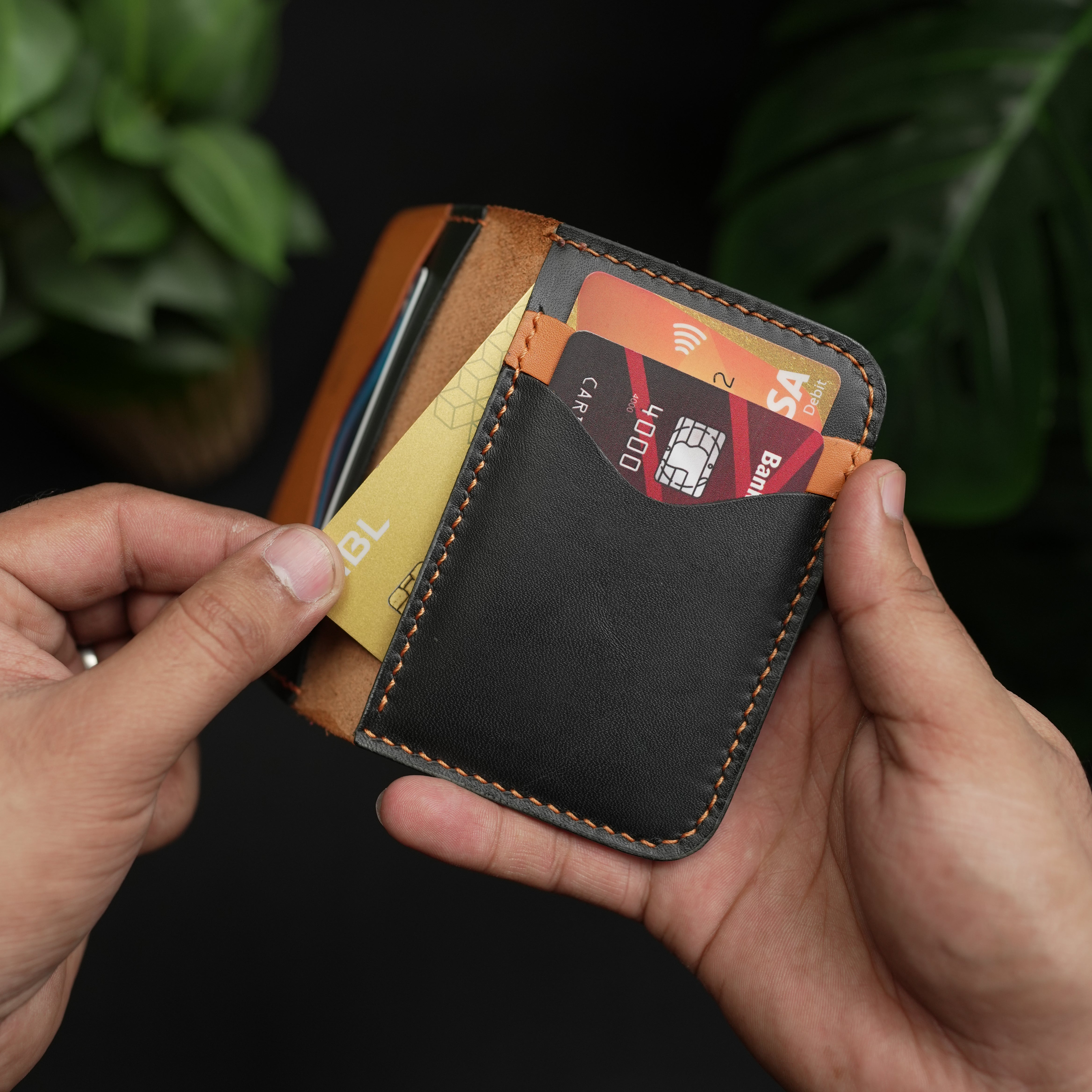 No.70 Bifold Card Leather Wallet ( Cosmic Black & Tan )