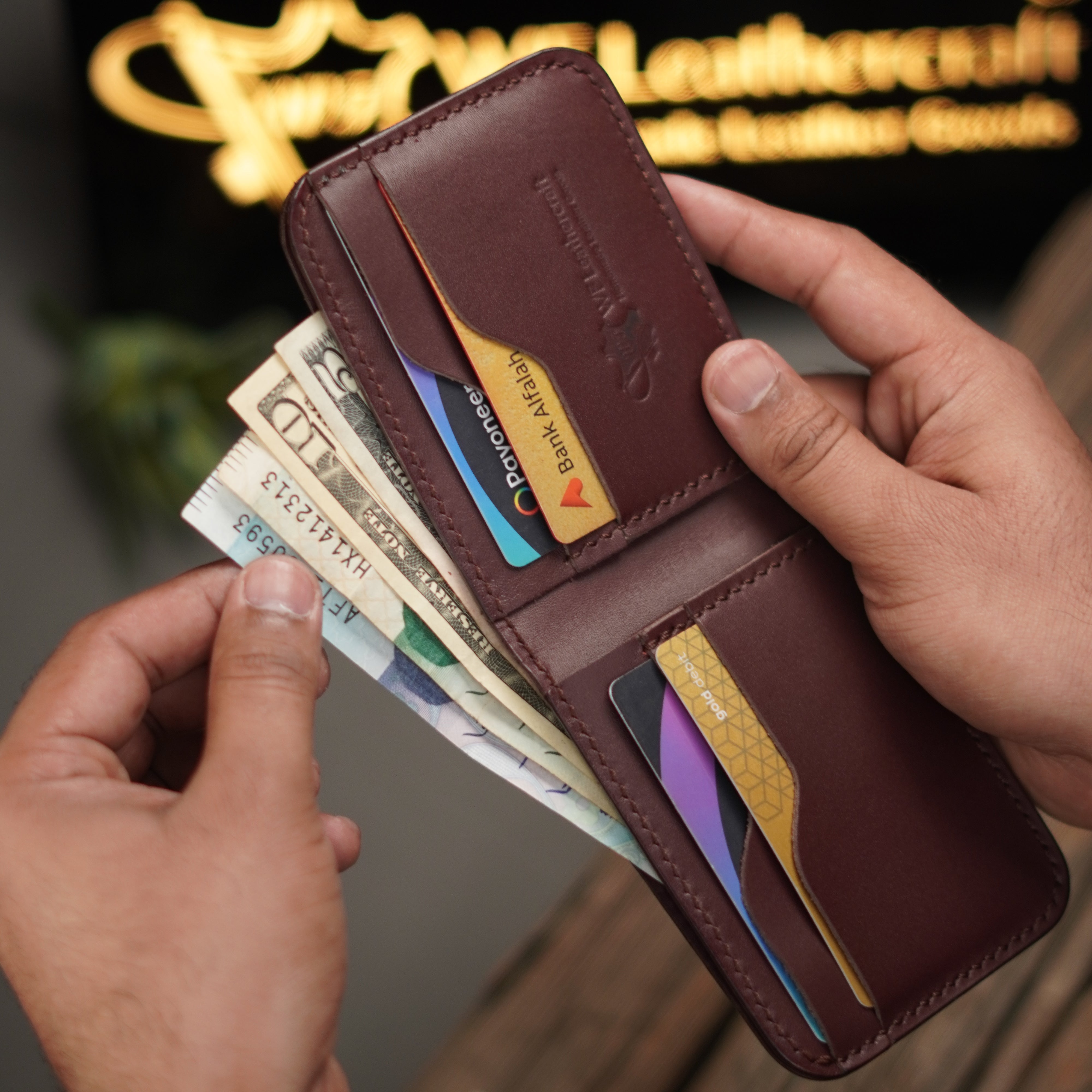 No.55 classic full stitched bifold wallet Burgandy color