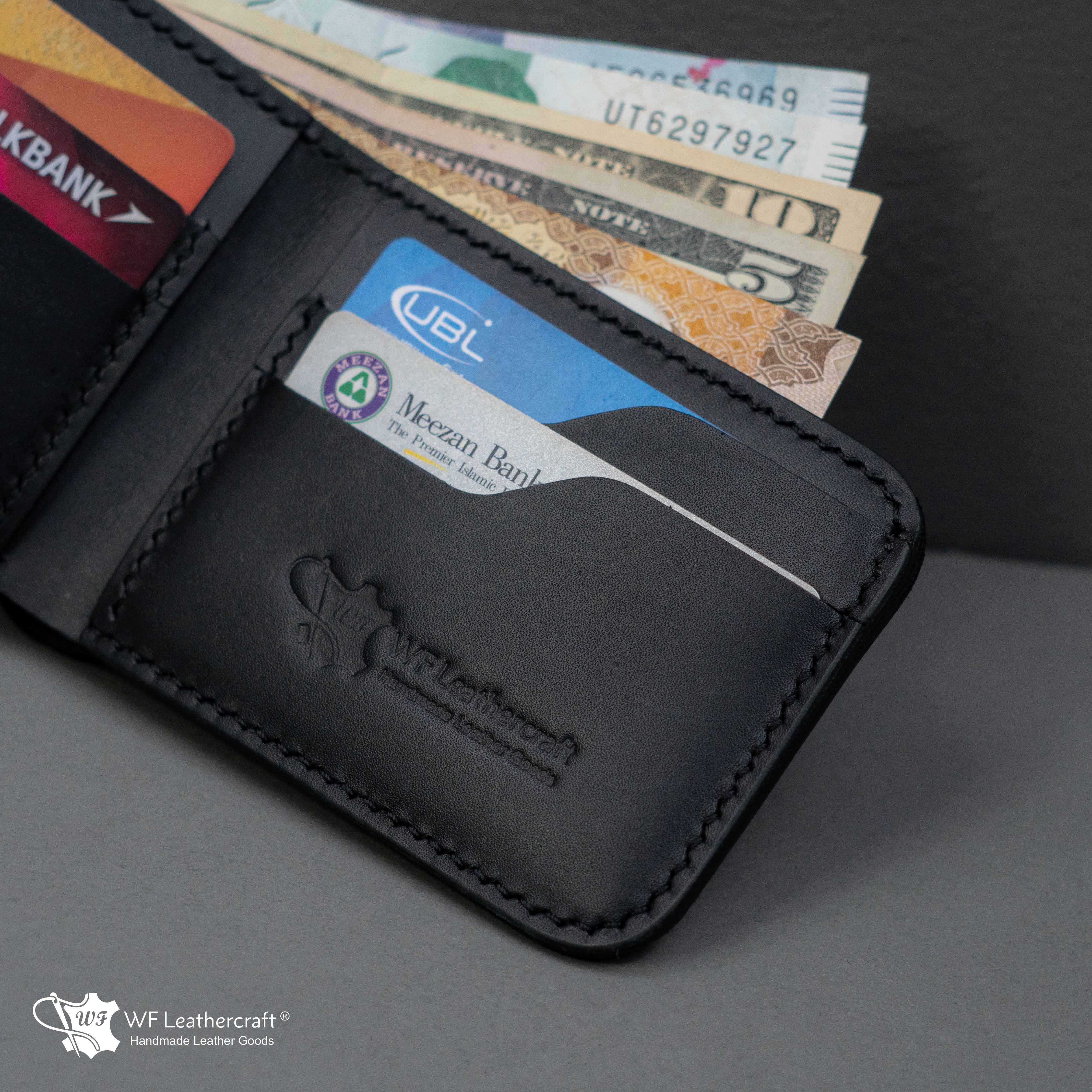 No.55 classic bifold wallet with two cash separation ( Black color )