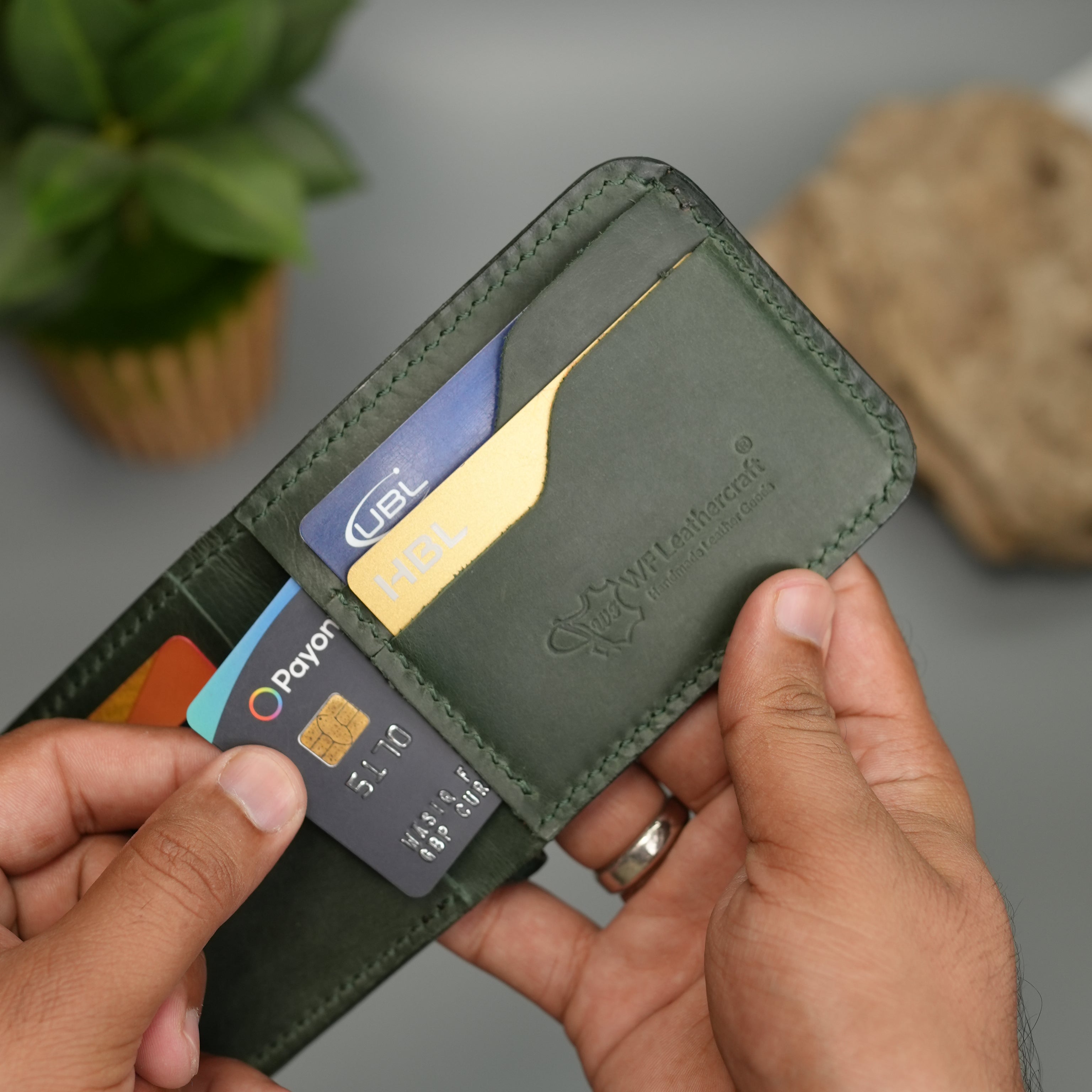 No. 55 claasic Leather Wallet Full Stitshing Green Color