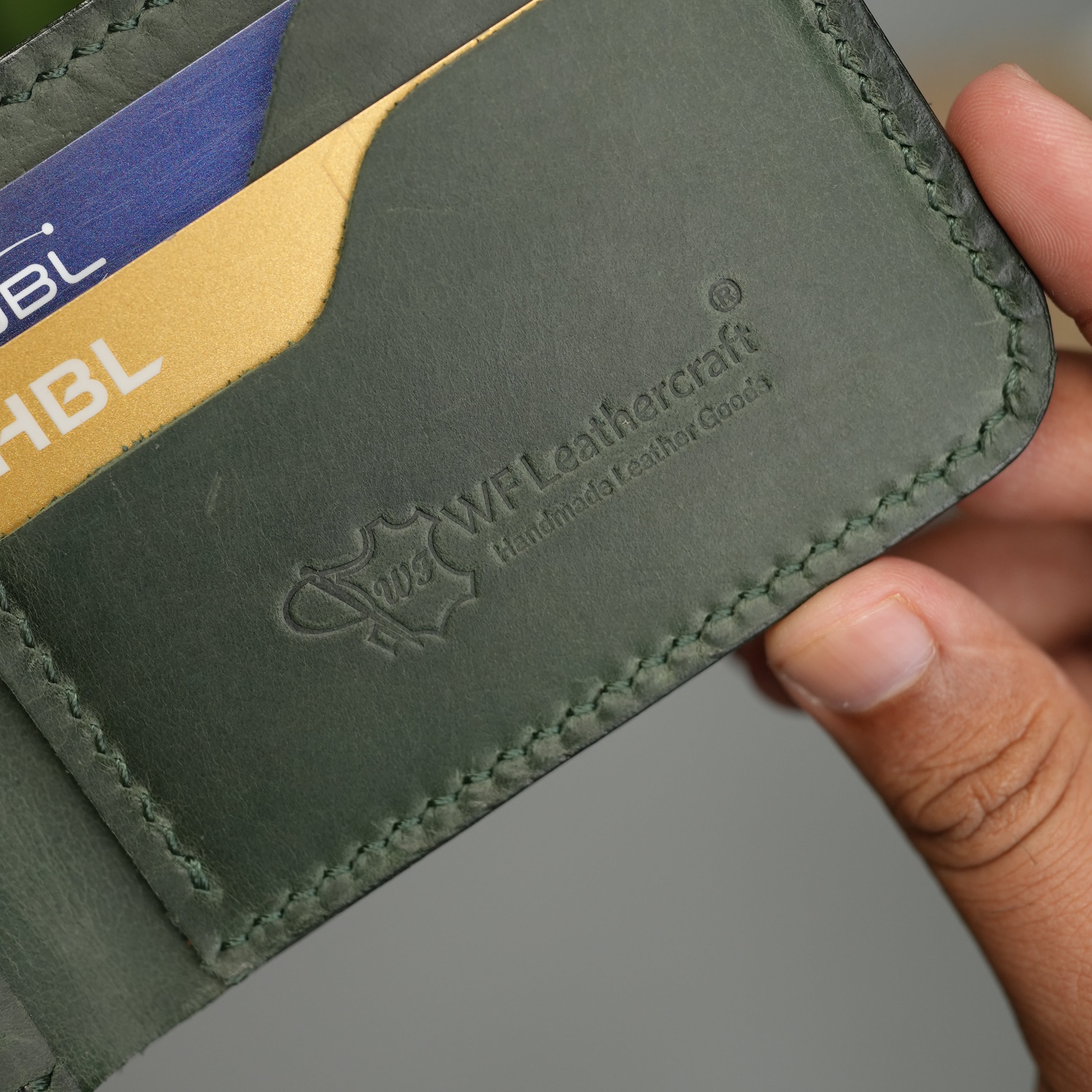No. 55 claasic Leather Wallet Full Stitshing Green Color