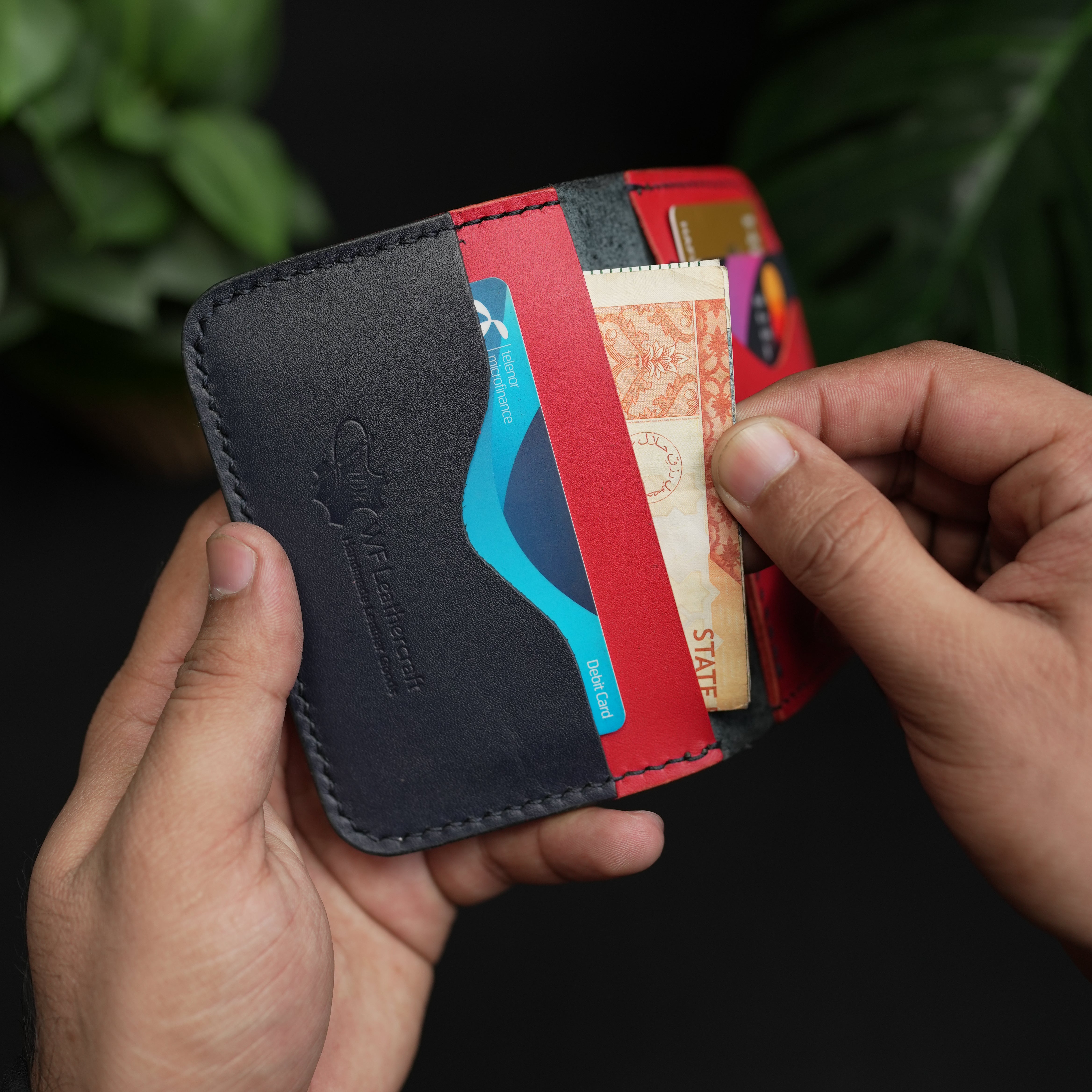 No.70 Bifold Card  Leather Wallet (NAVY ELEGANCE & RED)