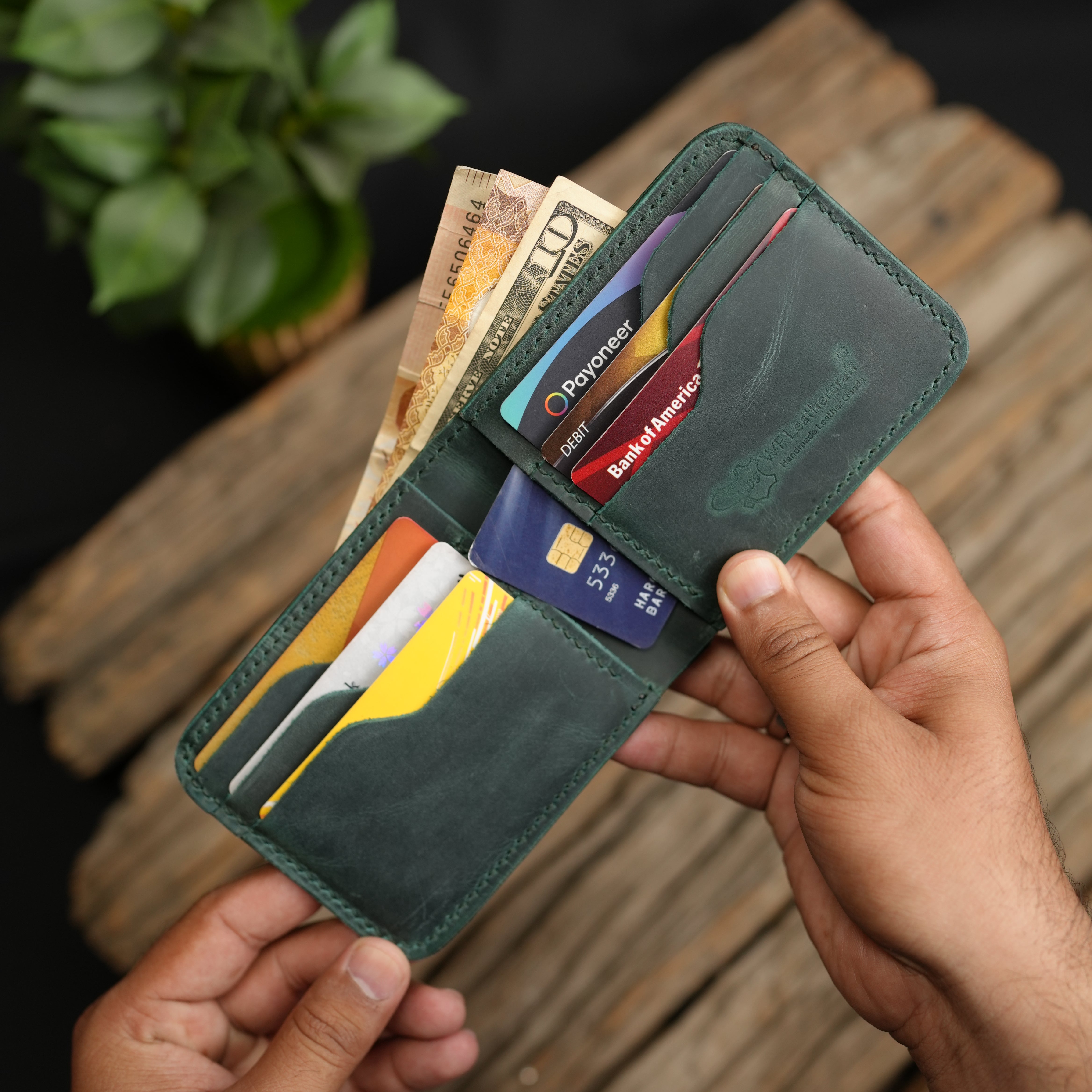 No.55 Pro Classic Bifold Wallet Leather wallet Full Stitching Green Color